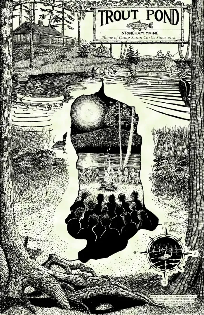TroutPond632472-1 Black and white illustration of Trout Pond with trees, cabin, lake, silhouettes around a campfire, tree trunk frame, water reflection, Maine docks, and a compass in the corner.