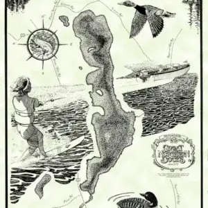 Crescent Lake illustrated map in Casco & Raymond, Maine, shows Maine Docks, water birds, a water skier, boat, compass rose, plus trees and hills in the background.