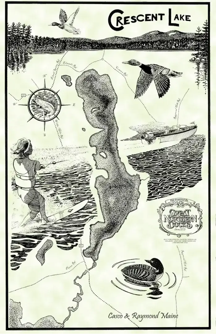 Crescent Lake illustrated map in Casco & Raymond, Maine, shows Maine Docks, water birds, a water skier, boat, compass rose, plus trees and hills in the background.