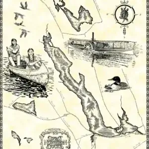 Vintage-style map of Lake Pennesseewassee (Norway Lake) with islands, canoeists, birds, a steamship, dock by Great Northern Docks, and decorative border. Text: Great Northern Dog Co.