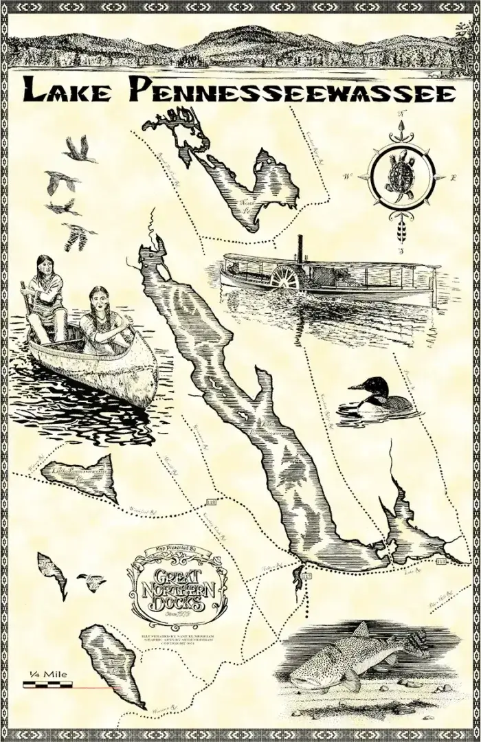 norwayLakePenn72 Vintage-style map of Lake Pennesseewassee (Norway Lake) with islands, canoeists, birds, a steamship, dock by Great Northern Docks, and decorative border. Text: Great Northern Dog Co.