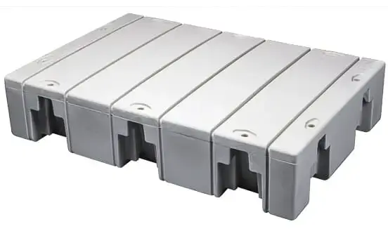 1000-Float-section-low The Connect-A-Dock is a gray, rectangular plastic pallet with a solid top and interlocking edges, perfect for material handling near Maine and Aluminum Docks.