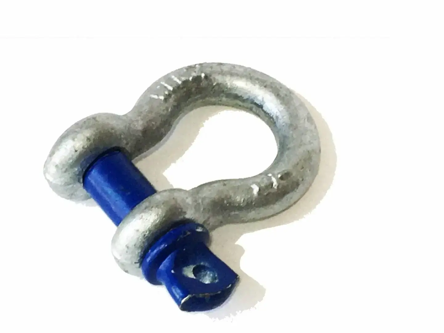 A metal D-shackle with a silver body and a blue screw pin is shown on a white background.