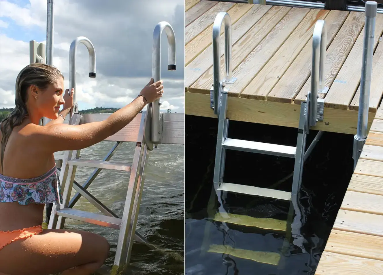 A woman in a swimsuit climbs a metal dock ladder from the water; the next image shows a close-up of the ladder attached to a wooden dock.