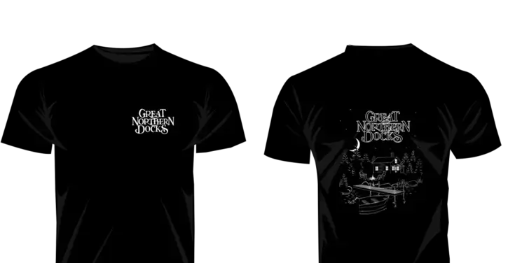 Two black t-shirts: one with the text Great Northern Docks, the other with the same text above a lakeside dock and cabin illustration in white.