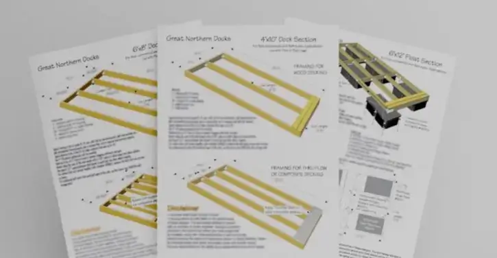 Three illustrated instruction sheets display wooden frame diagrams and construction tips for building different types of deck or dock sections. The sheets include drawings and labeled parts.